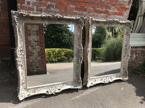 A Highly Decorative Pair of Stunning Antique 19th Century French Carved Wood & Gesso Distressed Painted Mirrors.