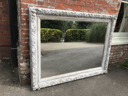 A Spectacular Large Antique 19th Century English Carved Wood & Gesso Painted Distressed Mirror.