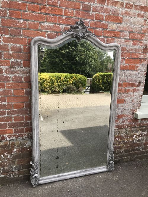 An Exquisite Large Antique 19th Century French Carved Wood Painted Shaped Top Mirror.