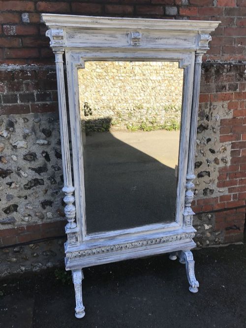 A Fabulous Large Antique 19th Century French Carved Wood Distressed Painted Cheval Mirror.