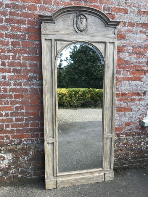 A Superb Large Antique 19th Century French Carved Wood Painted Shaped Top Mirror.
