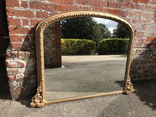 A Delightful Highly Useful Size Antique 19th Century English Carved Wood & Gesso Original Gilt Overmantle  Mirror.