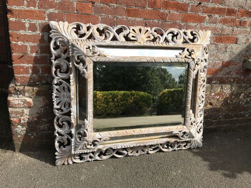 A Stunning Large Highly Decorative Antique 19th Century French Carved Wood Distressed Painted Cushion Mirror.
