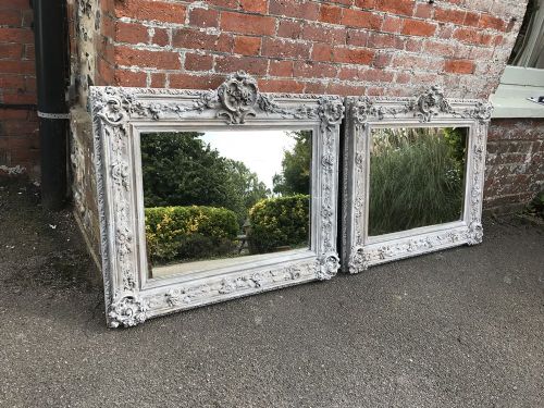 An Exceptional Highly Unusual Pair of Antique French Carved Wood & Gesso Painted Mirrors.