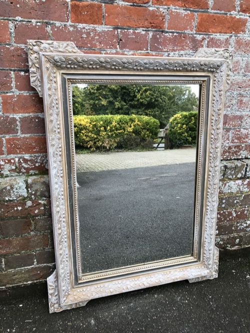 A Highly Useful Size Antique 19th Century French Carved Wood & Gesso Original Silvered & Painted Mirror.