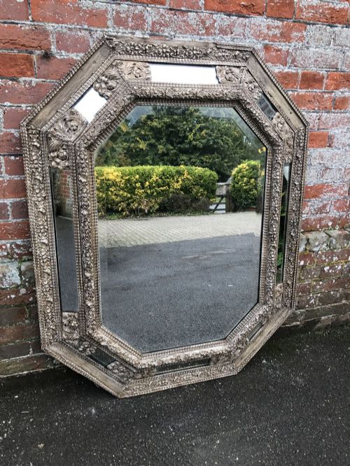 A Delightful Good Size Antique 19th Century French Carved Wood & Gesso Painted Shaped Cushion Mirror.