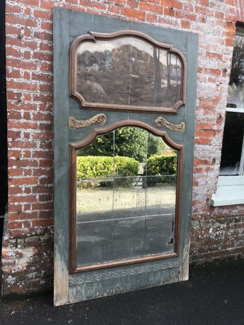 A Spectacular Large Antique 19th Century French Carved Wood Original Distressed Painted Panelled Two Section Mirror.