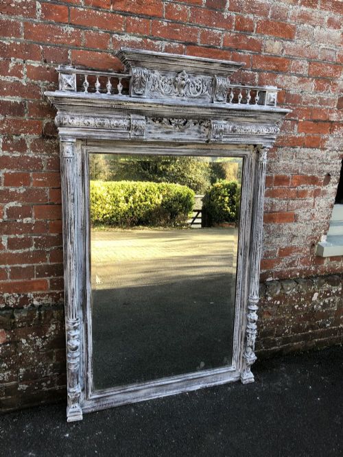 An Exquisite Large Antique 19th Century French Carved Wood Distressed Painted Mirror.