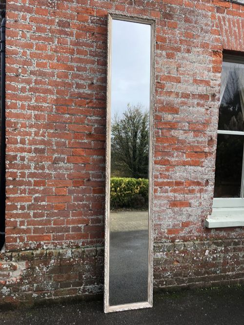 A Delightful Highly Unusual Large Antique Unusual Large 19th Century French Carved Wood & Gesso Painted Narrow Mirror.