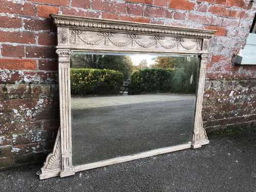 A Very Useful Size Antique 19th Century English Carved Wood & Gesso Painted Overmantel Mirror.