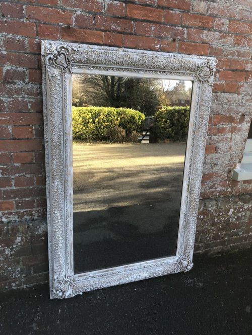 A Superb Large Antique 19th Century French Carved Wood and Gesso Distressed Painted Mirror.
