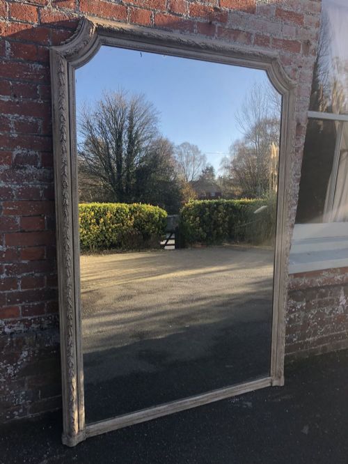 A Spectacular Large Antique 19th Century French Carved Wood & Gesso Shaped Top Painted Mirror.