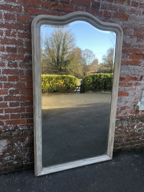 A Spectacular Large Antique 19th Century French Carved Wood Simple Shaped Top Painted Mirror.