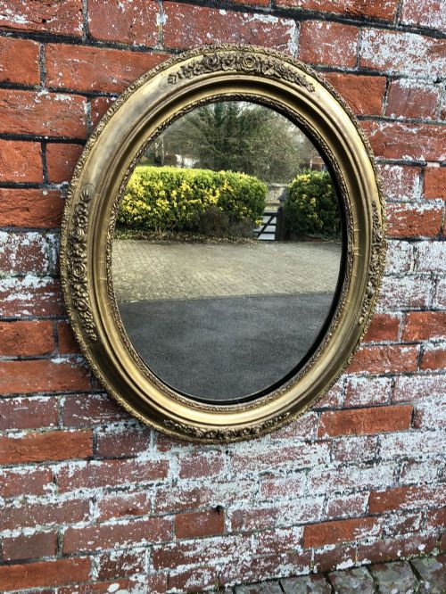 A Very Useful Size Antique 19th Century French Carved Wood & Gesso Original Gilt Oval Mirror.