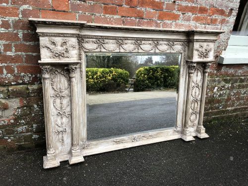 A Fabulous Antique 19th Century French Carved Wood and Gesso Painted Overmantel Mirror.