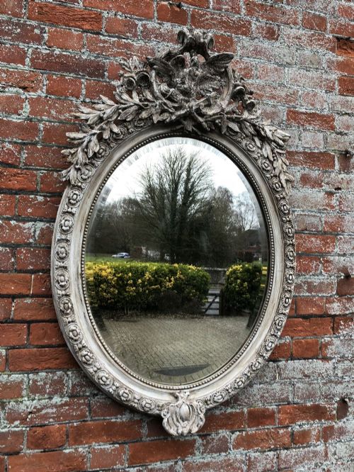 A Superb Antique 19th Century French Carved Wood & Gesso Painted Oval Mirror.