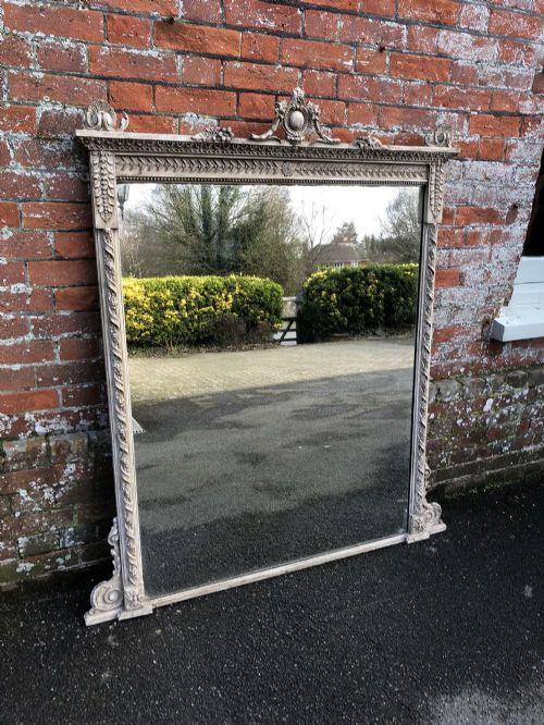 A Delightful Large Antique 19th Century English Carved Wood & Gesso Painted Overmantel Mirror.