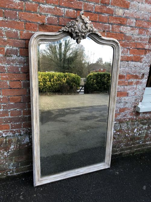 A Spectacular Large Antique 19th Century French Carved Wood and Gesso Painted Shaped Top Mirror.