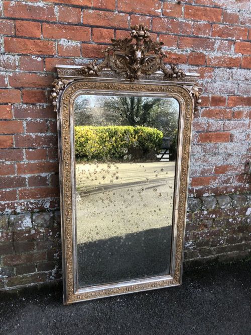 A Wonderful Highly Unusual Large Antique 19th Century French Carved Wood and Gesso Original Silver/gilt Mirror.