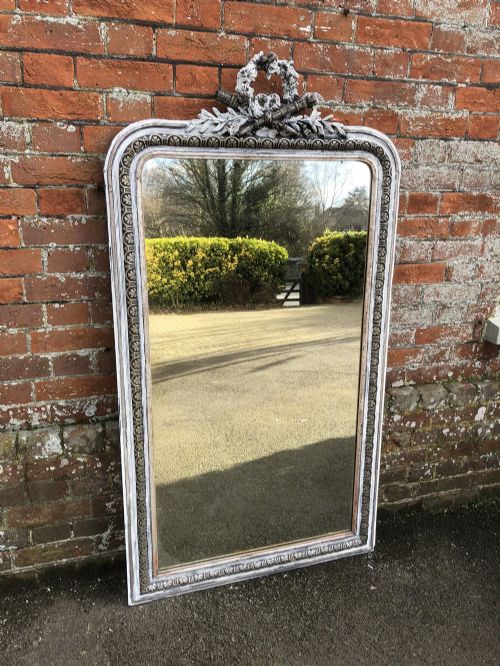 An Exquisite Large Antique 19th Century French Carved Wood and Gesso Silvered and Painted Arched Top Mirror.