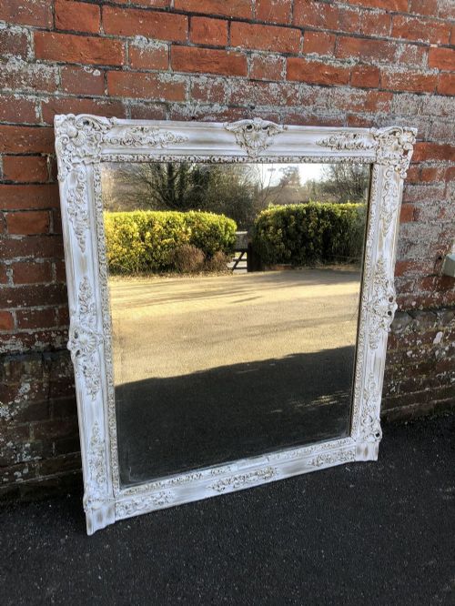 An Exceptional Highly Useful Size Early Antique 19th Century French Carved Wood & Gesso Distressed Painted Mirror.