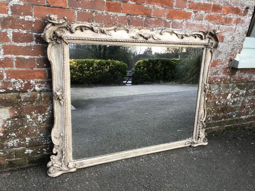 A Delightful Large Antique 19th Century French Carved Wood & Gesso Painted Overmantle Mirror.