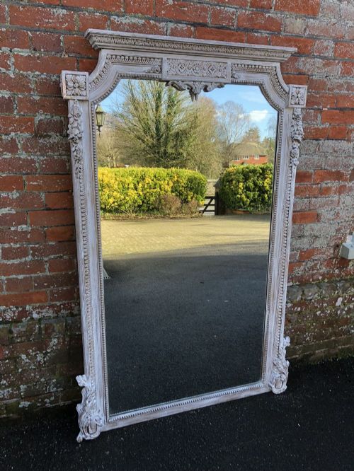 A Spectacular Large Antique 19th Century French Carved Wood & Gesso Distressed Painted Ornate Shaped Top Mirror.