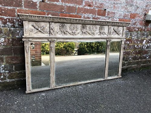 A Highly Useful Size Antique 19th Century English Carved Wood & Gesso Painted Triple Plate Overmantel  Mirror.