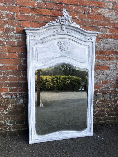 A Fabulous Large Antique 19th Century French Carved Wood Shaped Top Painted Mirror.
