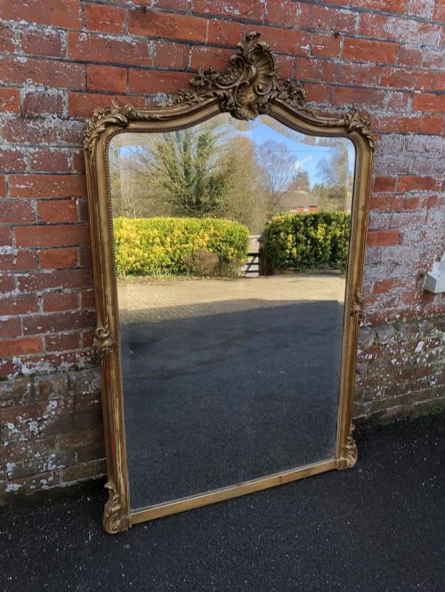 A Spectacular Large Antique 19th Century French Carved Wood and Gesso Original Gilt Shaped Top Mirror.