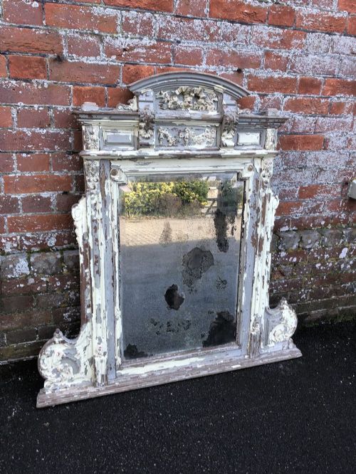 A Highly Decorative Antique 19th Century French Carved Wood Original Distressed Painted Mirror