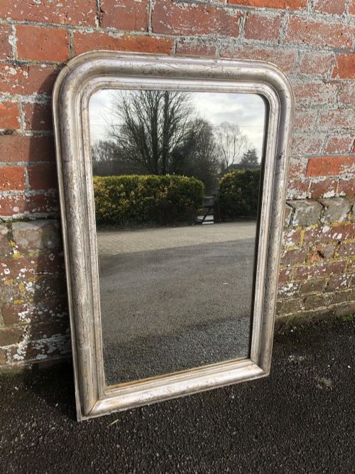 A Highly Useful Size Early Antique 19th Century French Carved Wood & Gesso Original Silvered Etched Framed Arched Top Louis Philippe Mirror.