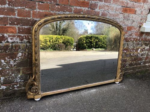 A Spectacular Highly Useful Size Antique 19th Century English Victorian Arched Top Original Gilt Overmantel Mirror.