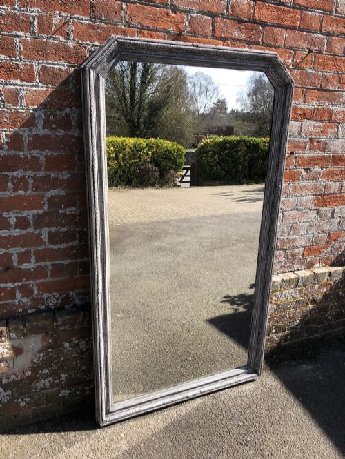 A Large Antique 19th Century French Carved Wood & Gesso Painted Plain Shaped Top Mirror.
