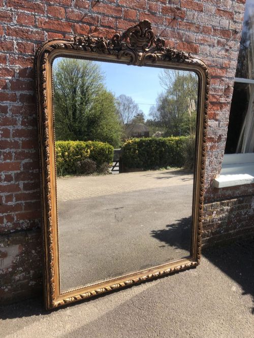A Superb Large Antique 19th Century French Carved Wood and Gesso Original Gilt Arched Top Louis Philippe Mirror.