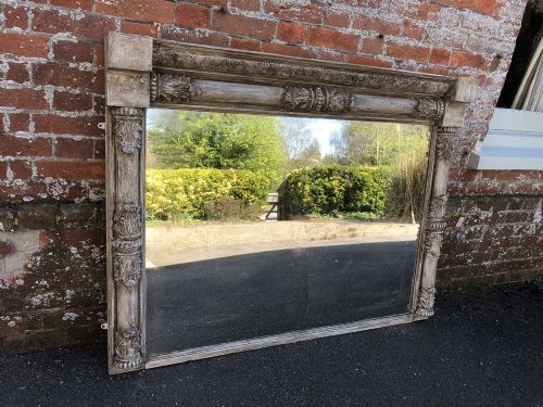 A Spectacular Large Antique 19th Century English Carved Wood and Gesso Painted Overmantel Mirror.