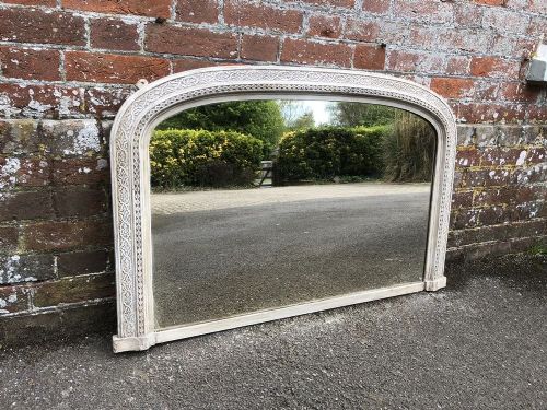 A Good Size Antique 19th Century English Carved Wood & Gesso Painted Arched Top Overmantel Mirror.