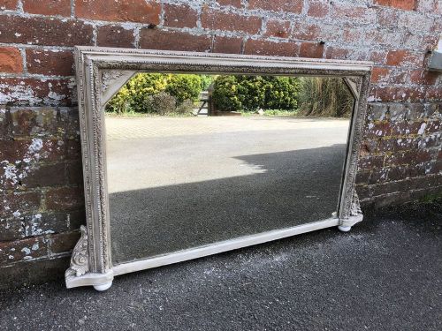 A Delightful Highly Useful Size Antique 19th Century English Carved Wood & Gesso Painted Overmantel Mirror.