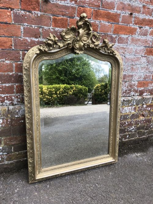 A Spectacular Good Size Antique 19th Century French Carved Wood & Gesso Shaped Top Original Silver/gilt  Mirror.