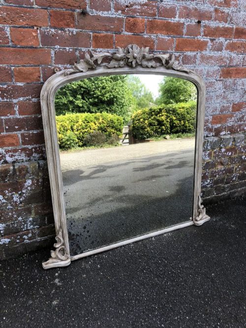 A Delightful Useful Size Antique 19th Century French Carved Wood & Painted Arched Top Overmantel Mirror.