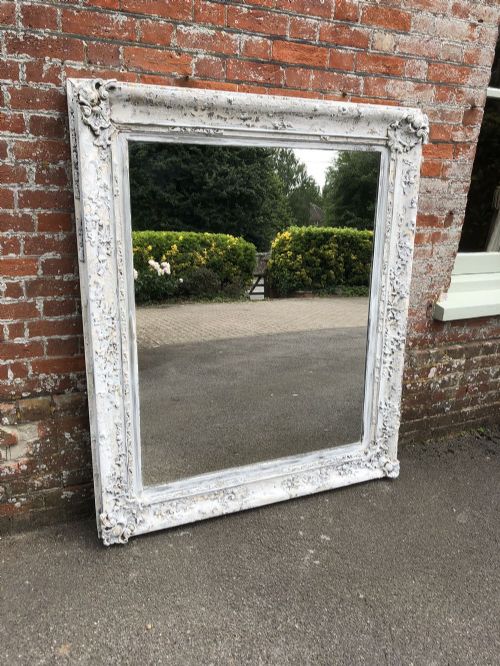 A Superb Highly Decorative Large Antique 19th Century English Carved Wood and Gesso Distressed Painted Mirror.