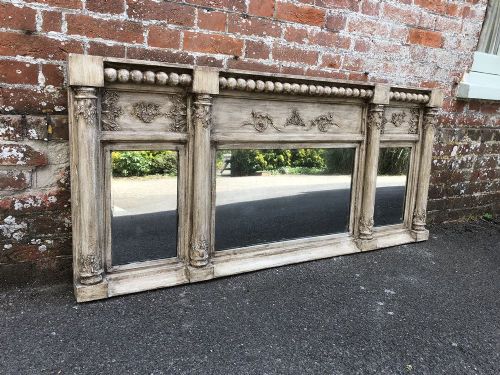 A Superb Early 19th Century English Carved Wood and Gesso Triple Plate Column Overmantle Mirror.