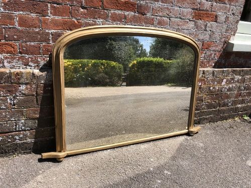 A Highly Useful Size Antique 19th Century English Carved Wood & Gesso Original Gilt Shaped Top Overmantel Mirror.