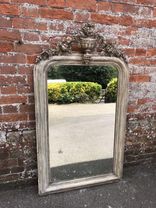 A Fabulous Antique 19th Century French Carved Wood and Gesso Painted Arched Top Mirror.