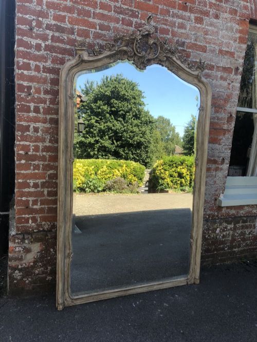 An Exceptional Large Antique 19th Century French Carved Wood Painted Shaped Top Mirror.