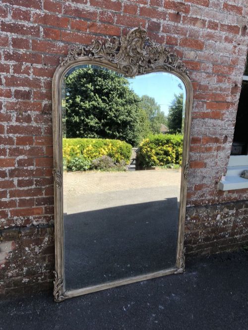 An Absolutely Stunning Large Antique 19th Century French Carved Wood and Gesso Painted Shaped Top Mirror.