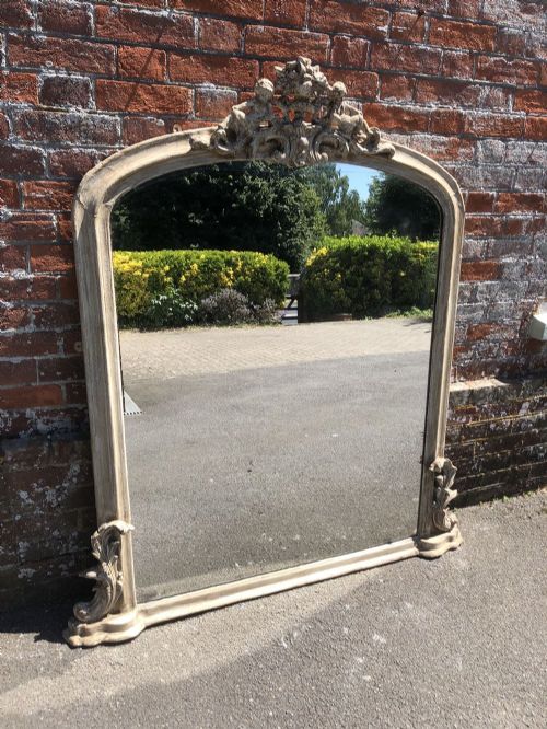 A Delightful Large Antique 19th Century French Carved Wood & Gesso Painted Overmantel Mirror
