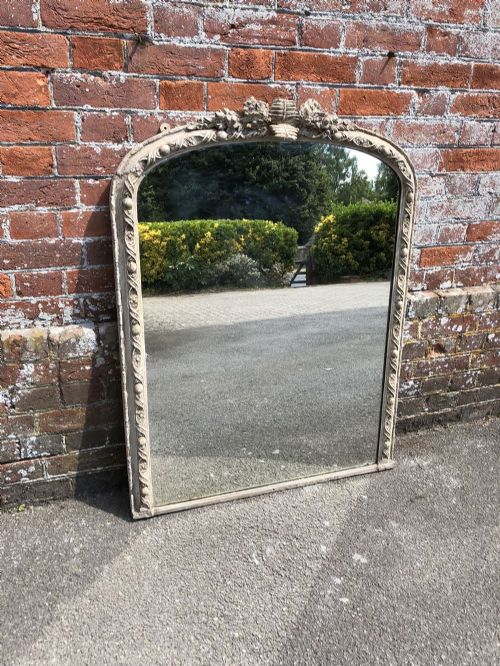 A Stunning Highly Useful Size Antique 19th Century French Carved Wood & Gesso Arched Top Painted Overmantel Mirror.