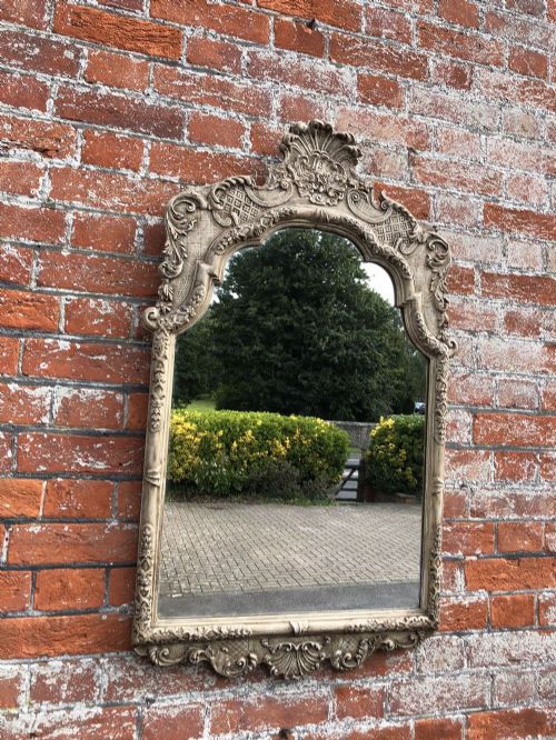 A Highly Useful Size Antique 19th Century French Carved Wood and Gesso Shaped Top Painted Mirror.