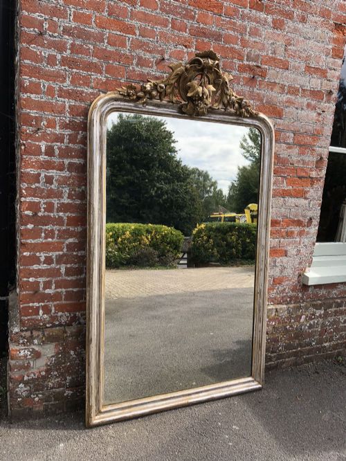 A Spectacular Large Antique 19th Century French Carved Wood & Gesso Original Silver/gilt Arched Top Mirror.